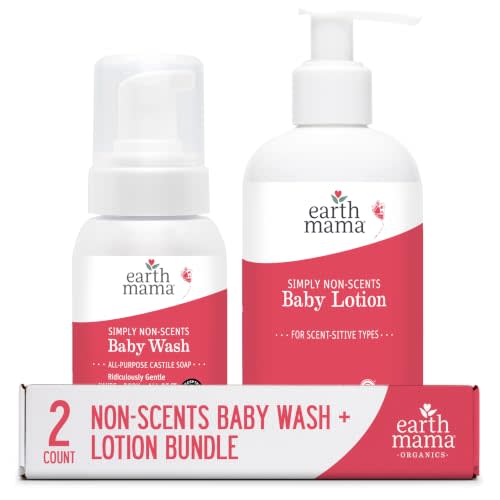 Earth Mama Simply Non-Scents Baby Wash & Lotion Bundle - Fragrance Free Castile Soap Body Wash 6.27oz + Calendula Baby Lotion 8oz - Sensitive Skin & Newborn Skin Care with Coconut Oil, Shea Butter