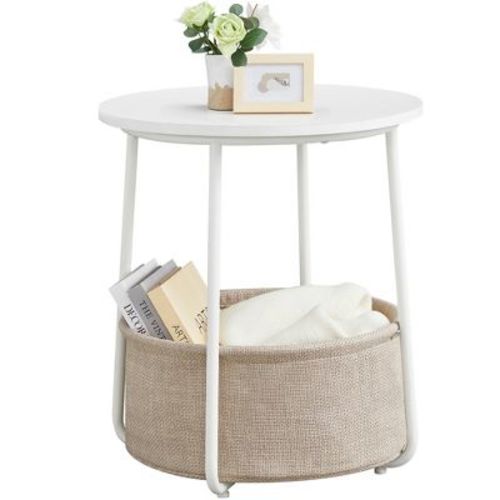 Small Round Side End Table, Modern Nightstand with Fabric Basket Matte White and Camel Brown