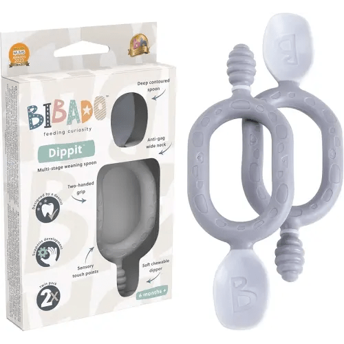 Bibado - Dippit Baby Spoon and Dipper, Mist (2-Pack) - Soft, Chewable Dipper & Deep Spoon - Two-Hand, Sensory Grip - Toddler Utensils - Baby Led Weaning Supplies - Baby Essentials - 6 Months+