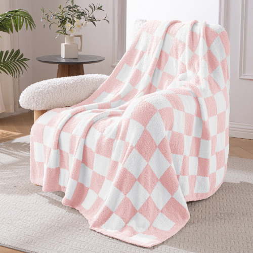 Exclusivo Mezcla Checkered Knit Throw Blanket, Ultra Soft Cozy Fluffy Checkerboard Blankets, Lightweight Fuzzy Plush Throw for Couch and Bed, Pink, 50"x60"