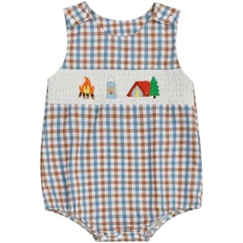 Newborn Boys Camping Rompers Embroidery Truck Sleeveless Smocked Gingham Bodysuits Infant Baby Summer Clothes