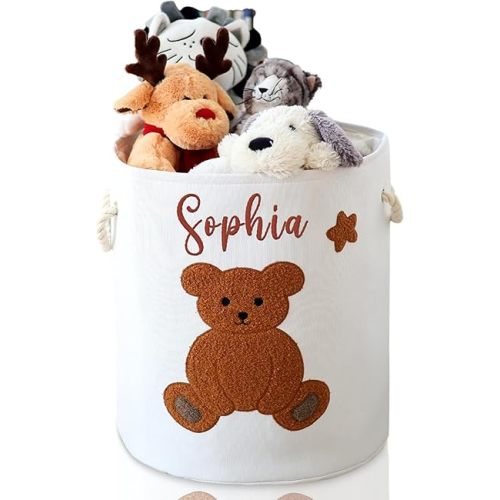 Personalized Teddy Bear Kids Laundry Hamper with Custom Embroidered Name Collapsible Basket with Handles for Nursery, Baby Clothes,Toy Storage, and Toddler Girl Room Essentials – Newborn Gift Basket