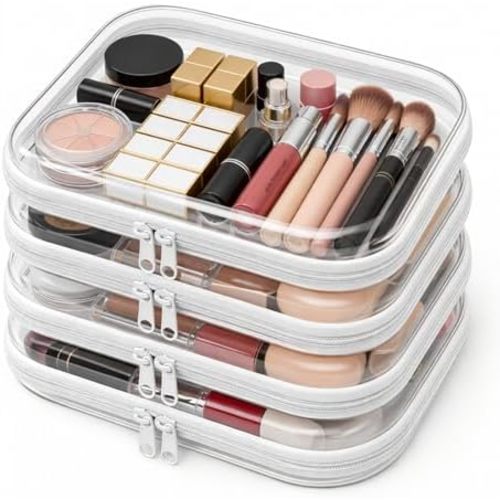 4 Pack Clear Hard Shell Zipper Case, Clear Zipper Pouches for Organizing, Diaper Bag Organizer Pouches, Transparent Hard Plastic Storage Case for Travel, Toiletry Essentials (4M)