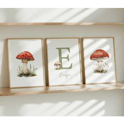 Personalized Mushroom Nursery mushroom art print woodland nursery sage green nursery woodland print whimsical nursery art Set of 3 NF10-A3