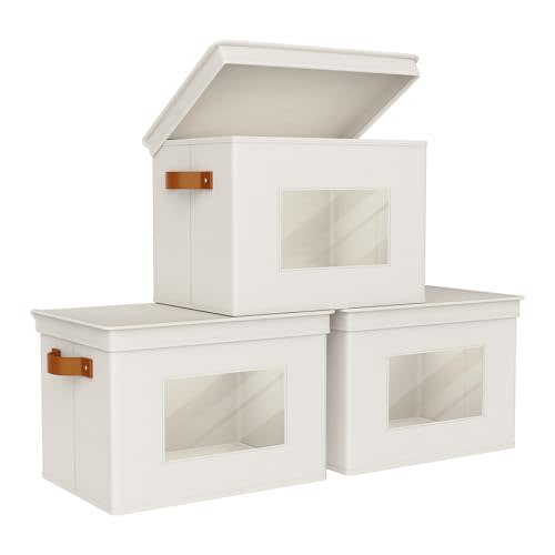 Univivi Storage Boxes with Lids Fabric Foldable Storage Bin for Clothes, [3-Pack] Closet Organizer Containers boxes with Handles for Home, Bedroom, Closet Storage (Beige,17” x 12” x 12")