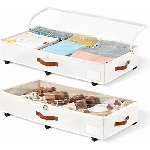 6 Inches Under Bed Storage with Wheels Pack of 2, Underbed Shoe Storage Container Bin with Clear Lid Cover, Rolling Under Bed Drawer Storage Bag Basket for Shoe Organizer Sheet Sweater - White