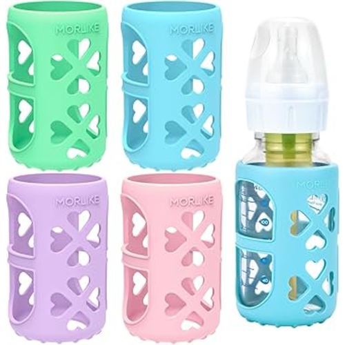 MORLIKE 4 Pack Silicone Sleeves Fit for 4 oz/120 mL Dr. Brown's Natural Narrow Glass Baby Bottle, 100% Silicone Covers Protect Glass Bottle, Easy to Grip Baby Bottle Holders for SB41001-P4, SB42003-P2