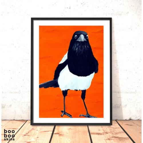 Magpie Print of Oil Painting | Five for Silver | Bird Art Print | Black and Orange Art | Magpie Art | Valentine Gift | Boho Decor Boho Art