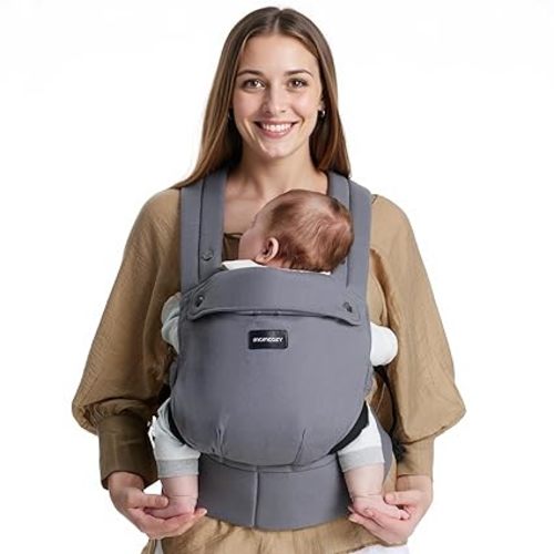 Momcozy PureHug Baby Carrier - Ergonomic, Cozy and Lightweight for 7-45 lbs | Easy to Put On, IHDI Hip-Healthy, 3D EVA Lumbar Support, X-Straps for Even Weight Distribution, 100% Cotton, Grey