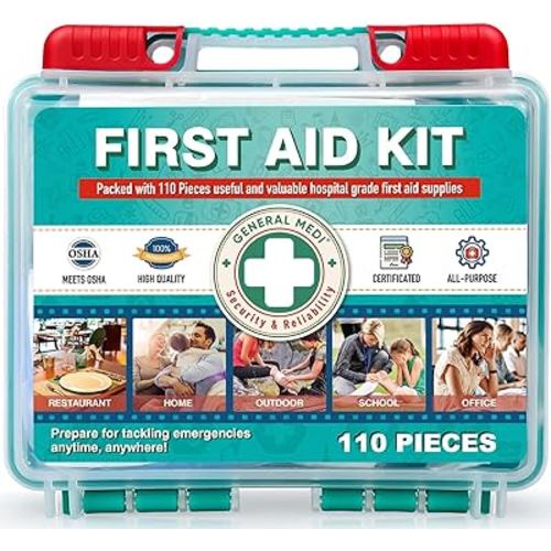 General Medi 110 Pieces Small First Aid Kit - HardCase First Aid Box - Contains Premium Medical Supplies for Travel, Home, Office, Vehicle, Camping, Workplace & Outdoor