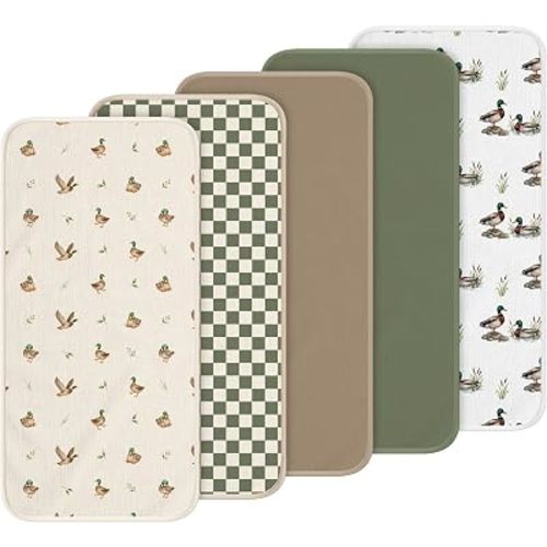 Hahafelt 5 Pcs 100% Cotton Waterproof Changing Pad Liners, 27.5 x 14 Inches Washable Changing Pad Liners Muslin Change Mat Checkerboard Change Pads Covers for Baby(Mallard)