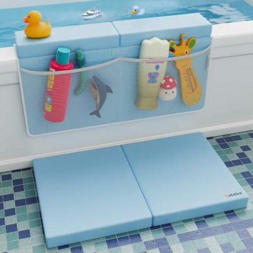 Bath Kneeler and Elbow Rest Pad Set - Baby Bath Kneeler, Bathtub Kneeling Pad, Kneeling Pad for Bathing Baby, Knee & Elbow Saver with 4 Toy Organizer Pockets, (Blue, Large (22 Inches × 13 Inches))