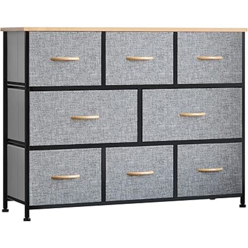 HOMCOM 8-Drawer Dresser, 3-Tier Fabric Chest of Drawers, Storage Tower Organizer Unit with Steel Frame for Bedroom, Hallway, Light Gray