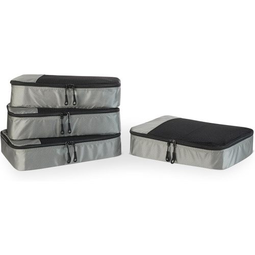 Amazon Essentials 4-Piece Packing Cubes Travel Accessories Set, Space-Saving Luggage Organizer with Double Zipper, Mesh Top Panel, Medium, Gray (Previously Amazon Basics)