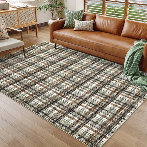 Hasoo Modern Checkered Pattern Indoor Green/Brown Area Rug for Dining Room Washable 8' x 10' Bedroom Carpet