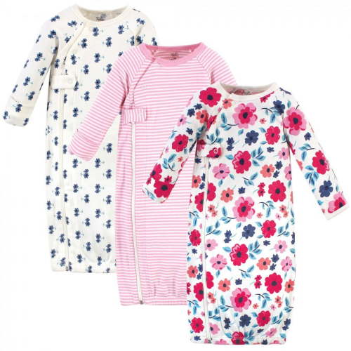 Touched by Nature Baby Girl Organic Cotton Zipper Long-Sleeve Gowns 3pk, Garden Floral, 0-6 Months
