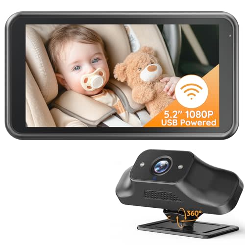 Babyvue BV5 Wireless Baby Car Camera, 5.2" 1080P USB Powered Plug and Play Setup, with IR Night Vision & Wireless Stable Signal Car Seat Camera, Less Wiring for Baby Pet Safety, Ideal for SUV, Van, RV