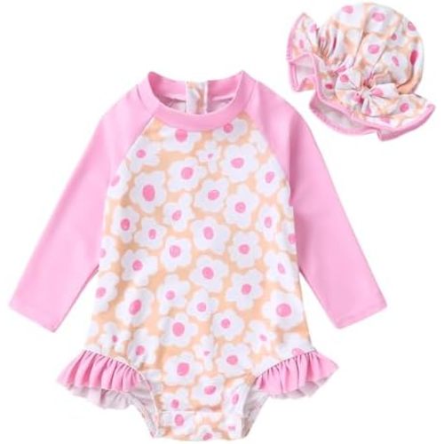 Infant Baby Girl Swimsuit One-Piece Long Sleeve Rash Guard with Hat Set Floral Zipper Bathing Suit Leopard Beach Wear
