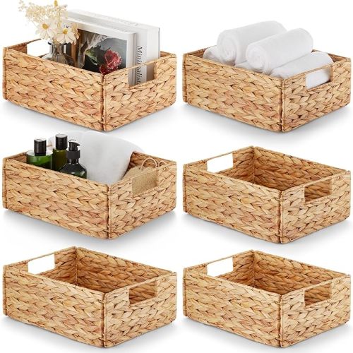 BLUEWEST Water Hyacinth Storage Baskets (Set of 6) – Woven Hyacinth Organizer with Carrying Handles, Laundry Basket for Organizing, Rattan Bin for Shelves