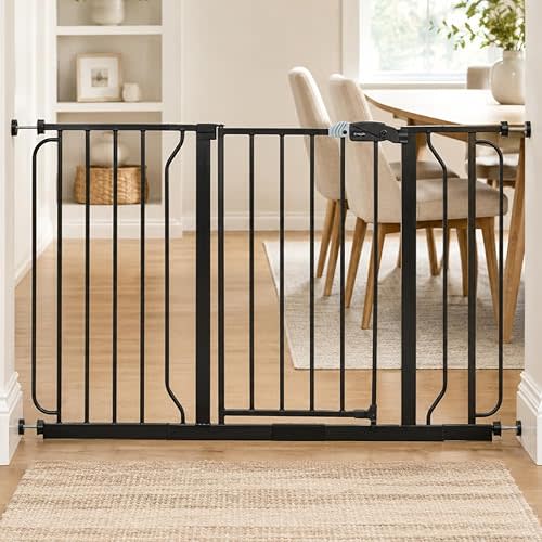 Regalo Safety 29-49" Easy Step Extra Wide Baby Gate for Doorways & Bottom of Stairs, Pressure Mounted Safety Gate with Door for Babies, Toddlers & Pets, Black