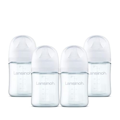 Lansinoh Glass Baby Bottles, Anti-Colic, White, 5oz, 4 Count, with Slow Flow Nipples (Size S, 1-3 Months), Baby Feeding Essentials