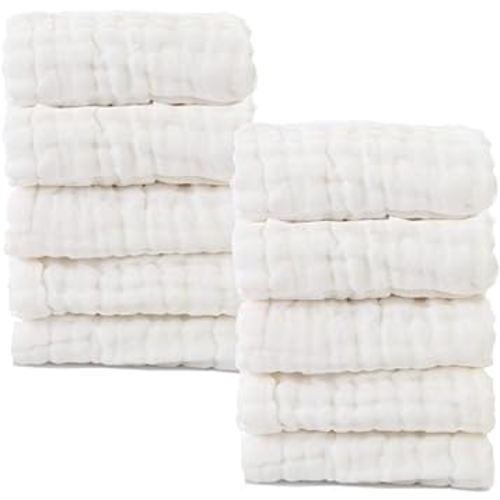 MUKIN Baby Washcloths - Natural Cotton Baby Wipes - Soft Newborn Baby Face Towel for Sensitive Skin- Baby Registry as Shower, 10 Pack 12x12 inches (White)