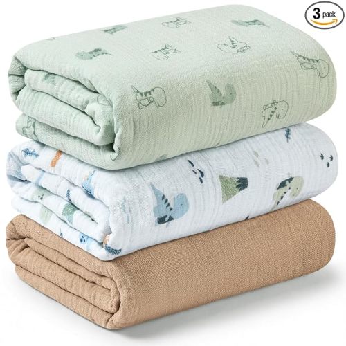 3pk Muslin Swaddle Blankets for Newborns Boys, Girls (Dino Park, 47x47)