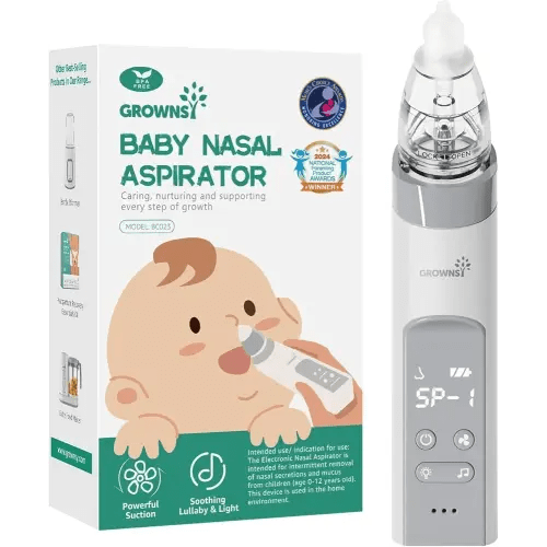 GROWNSY Nasal Aspirator for Baby, Electric Nose Aspirator for Toddler, Baby Nose Sucker, Automatic Nose Cleaner with 3 Silicone Tips, Adjustable Suction Level, Music and Light Soothing Function (Gray)