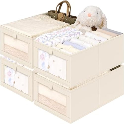 Criusia Linen Closet Organizers and Storage, 4 Pack Linen Closet Baskets with Mesh Window for Organization, Foldable Closet Organizer for Clothing, Towels, Toys, Nursery, Books, Shelves, Beige