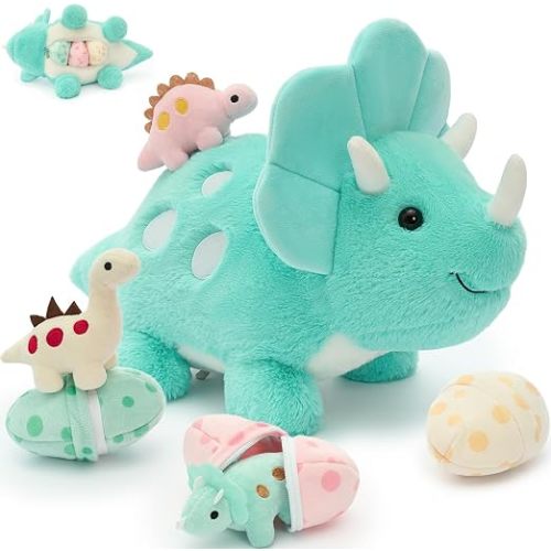 17.6in Blue Dinosaur Toys for Girls, Mommy Dinosaur Stuffed Animal with 3 Baby Dino Plush(Triceratops, Stegosaurus and Diplodocus),Small Dino Plushies for Girls and Boys,Gifts for Kids