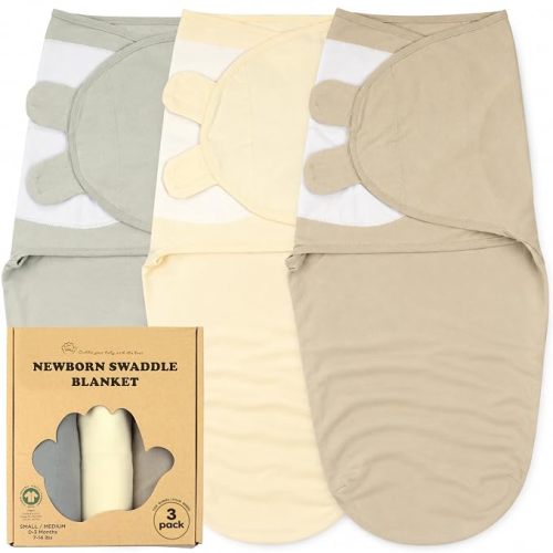 Newborn Swaddle Blanket 3-Pack, S/M 0-3 Months, GOTS Certified Organic Cotton, Adjustable Hook-and-Loop Wrap, Soft Breathable Sleep Sack, Reduces Startle Reflex for Boys & Girls