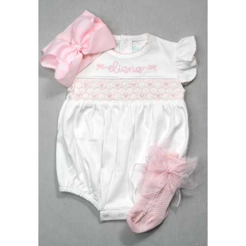 Luxury Heirloom Smocked Bows Girl coming home outfit, Floral Embroidery Romper Bubble, Light Pink Bow/Headband, Monogrammed Romper, 100 Pima