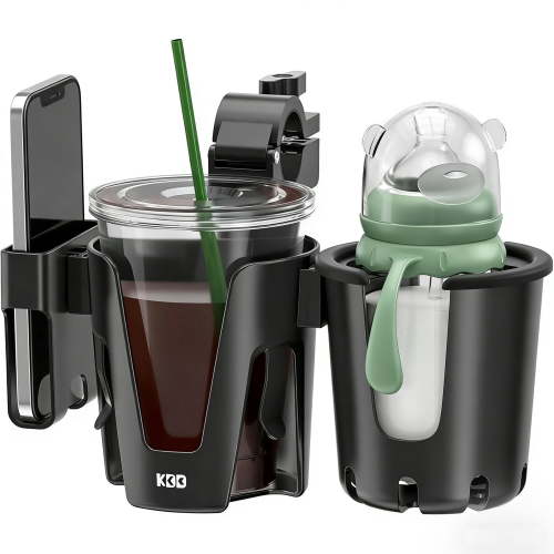 KDD Stroller Cup Holder, Cup Holder Universal with Phone Rack, Suit Wheelchair, Walker, Bike, Scooter, Black