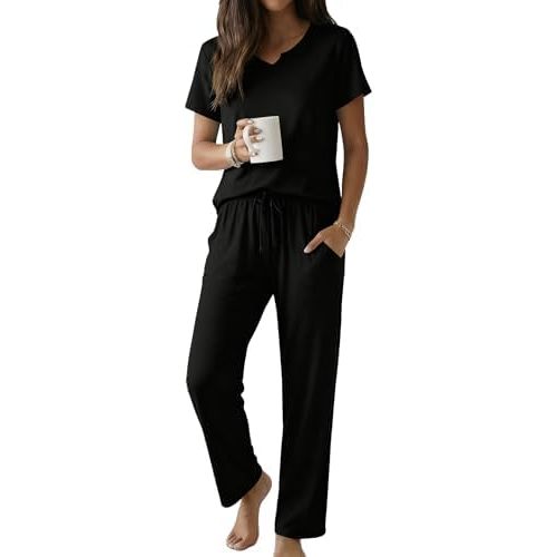 Ekouaer 2 Piece Womens Pajamas V Neck Short Sleeve Top and Long Pants Pjs Print Lounge Set Sleepwear