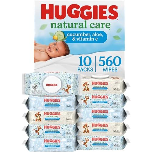 Huggies Natural Care Cucumber, Aloe and Vitamin E Baby Wipes, Hypoallergenic, Scented, 10 Flip-Top Packs (560 Wipes Total), Packaging May Vary