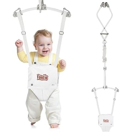 FUNLIO Baby Door Jumper for 6-24 Months (with Door Clamp), Bearing 40 Lbs, Baby Jumper Doorway with Strong Spring & Adjustable Strap, Portable Infant Baby Bouncer, CPC & CE Certified - White