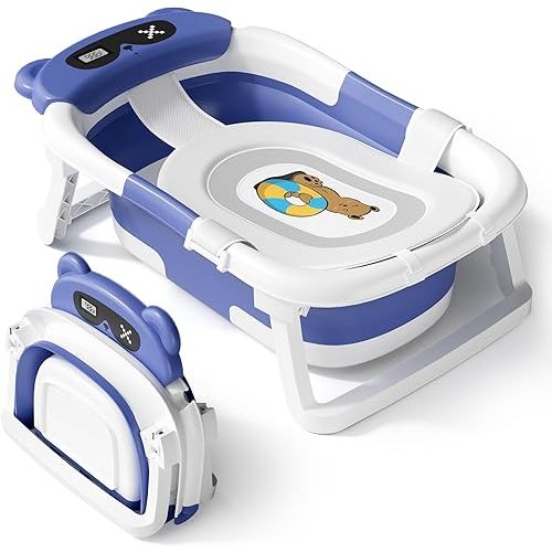 AVIDOR Baby Bathtub,Collapsible Bathtub for Newborn to Toddler,Durable Essential Infant Bath Tub,Portable Travel Baby Bathtub with Soft Cushion,No-Slip Hanging and Detachable Bathtub(Navy Blue)