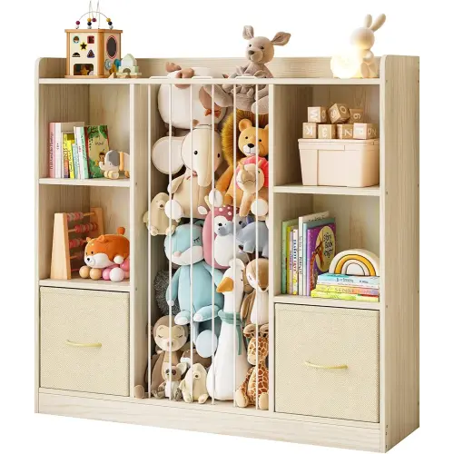 EXPERLAM 4-in-1 Toy Storage Organizer with Stuffed Animal Storage, Solid Pine Kids Bookshelf and Toy Shelf, 6 Cube Shelf with 2 Removable Drawers, Stuffed Animal Zoo for Kids Room, Playroom, Nursery