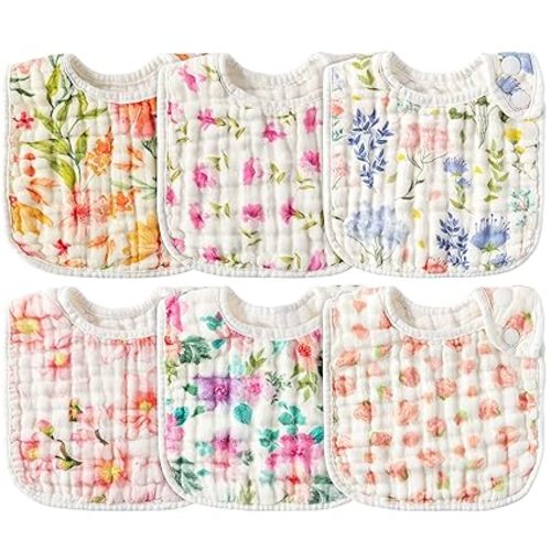 Zainpe 6Pcs Snap Muslin Cotton Baby Bibs Flowers Pattern Infants Feeding Bib Adjustable Machine Washable Girls Burp Cloths Unisex Drool Cloth with 6 Absorbent & Soft Layers for Eating and Teething