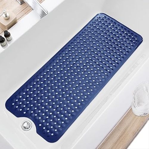 Bath Tub and Shower Mats, Non Slip 40 x 16 Inch Extra Large Bathtub Mat, Machine Washable Bathmat with Drain Holes, Suction Cups for Bathroom Floor, Navy Blue