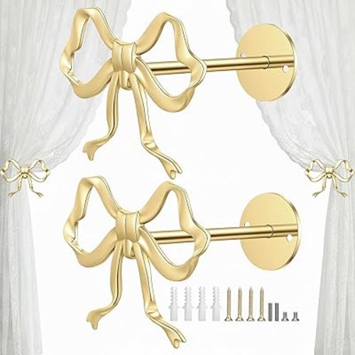 2 Pcs Gold Bow Curtain Tiebacks, Large Metal Bow Curtain Holdbacks Wall Mounted Elegant Bows Curtains Hold Backs Curtains with Screws for Living Room, Bedroom, Home Office Decor