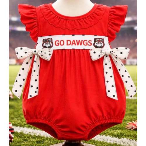 Red Polka Dot Romper with "Go Dawgs" Applique and Ruffle Sleeves
