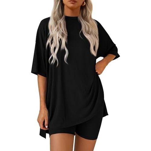 PRETTYGARDEN Women's Two Piece Lounge Set 2026 Summer Casual Oversized Shirts Biker Shorts Matching Airport Travel Outfit