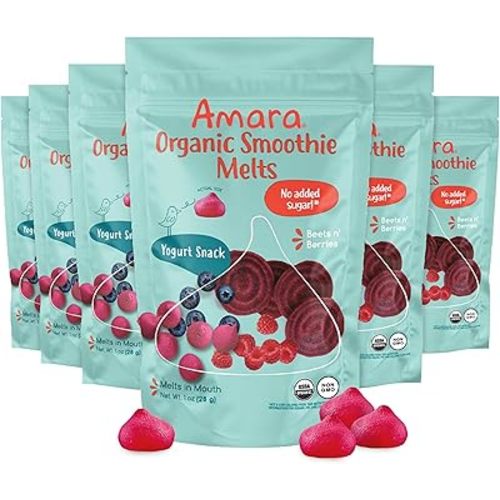 Amara Smoothie Melts - Beets n' Berries - Baby Snacks Made With Fruits and Vegetables - Healthy Toddler Snacks For Your Kids Lunch Box - Organic Yogurt Melts - 6 Resealable Bags