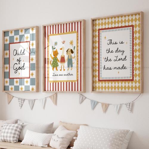 Christian Kids Room Wall Art Set of 3 Child of God, Love One Another, This Is the Day the Lord Has Made Bible Verse Prints for Children Room