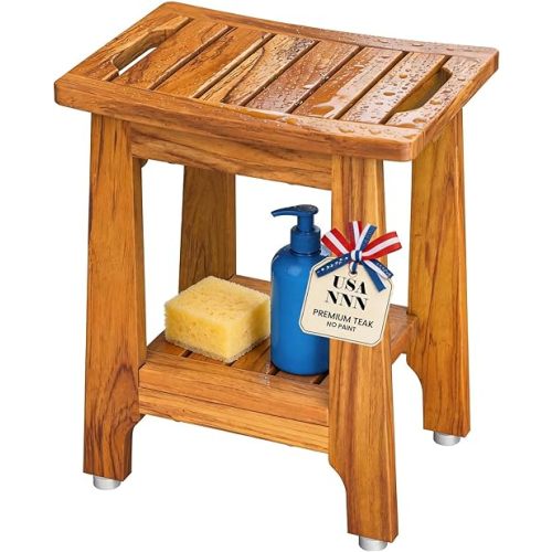 NNN 14" Compact Teak Shower Stool with Japan-Made Non-Slip Leveling Feet