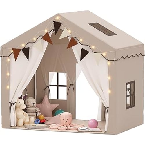 Kids Tent,Indoor & Outdoor Kid Playhouse 2 in 1 with Lights and Mat,54" x36.5" x 51" Large Play Tents with 2 Doors & 5 Windows,Beige