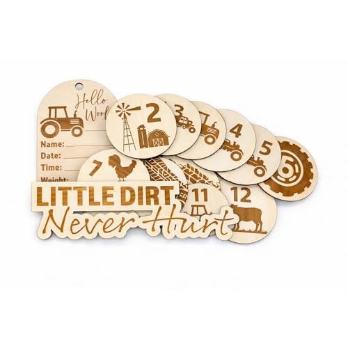 SM Design Baby Milestone Markers Set of 12 + Birth Announcement Sign | Monthly Baby Photo Props | First Year Milestones | Nursery Wall Decor | Hobby Theme (Farm)