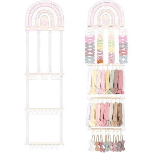 POVETIRE Headband Holder Bow Holder for Girls Hair Bows,Rainbow Hair Accessories Organizer Storage Wall Hanging Display for Nursery Toddler Girls Room (Pink-Rainbow-2)