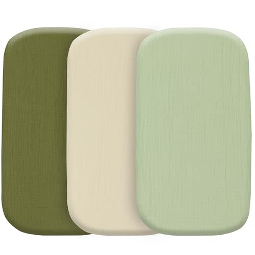 Muslin Bassinet Sheets, 3-Pack 100% Cotton Fitted Bassinet Mattress Sheets, Olive Green, Universal Fit 33x17x4